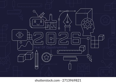 2026 year of opportunities thin line vector illustration. Business concept in linear style. Happy New year postcard. Linear design metaphor
