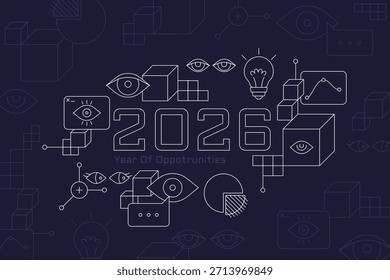 2026 año de oportunidades de Ilustración vectorial de línea fina. Concepto de negocio en estilo lineal postal de año nuevo. Metáfora de la visión