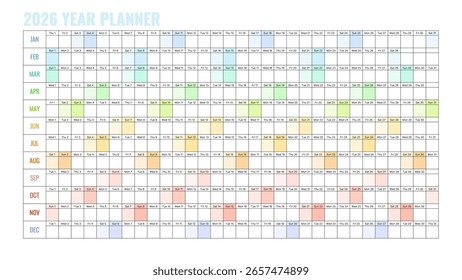 2026 Year Planner Vector Illustration with a Color-Coded Calendar Layout for Detailed Scheduling, Featuring Clear Monthly Divisions and Highlighted Weekends on a White Background.