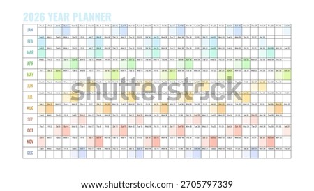 2026 Year Planner Vector Illustration with a Color-Coded Calendar Layout for Detailed Scheduling, Featuring Clear Monthly Divisions and Highlighted Weekends on a White Background.