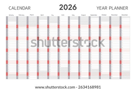 2026 year planner, wall calendar template in minimal style for daily and monthly agenda. Blank annual planner for 2026 year with twelve months vertical grid gray and red colors, vector illustration
