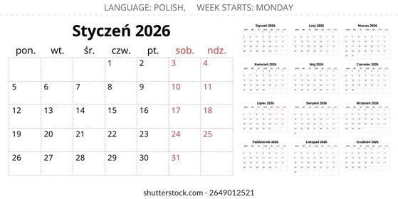 2026 year polish calendar planner. Printable vector illustration set for Poland
