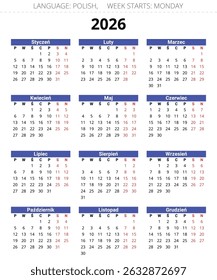 2026 year polish calendar. Printable, editable vector illustration for Poland