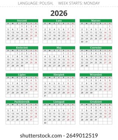 2026 year polish calendar. Printable vector illustration for Poland