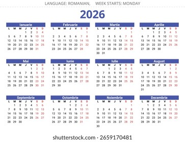 Romanischer Kalender 2026. Vektorgrafik für Rumänien und Moldawien. 12 Monate auf Seite
