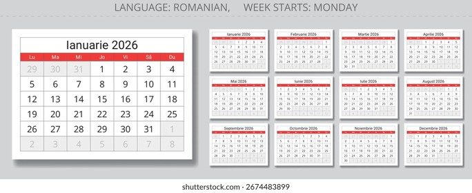 Calendario rumano de 2026. Ilustración vectorial fijada para Rumania y Moldavia. Colección de páginas de 12 meses