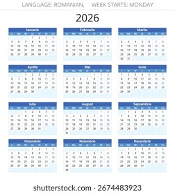 Romanischer Kalender 2026. Vektorgrafik für Rumänien und Moldawien