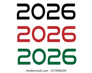 2026 year. Year set for comemoration in black, red and green. Vetor with background white.