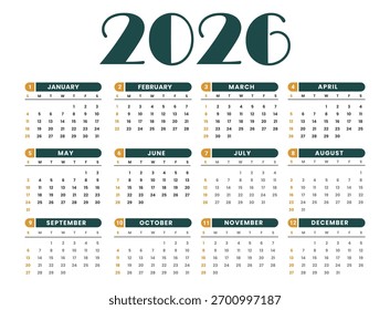 2026 Year Simple Calendar English Design Week Sunday