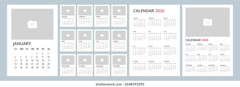 2026 Ano Modelo de calendário simples com espaço para logotipo, ilustração ou foto. A semana começa no domingo. 