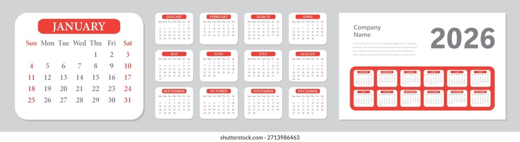 2026 Year Simple Calendar Template Design. Red Calendar design.