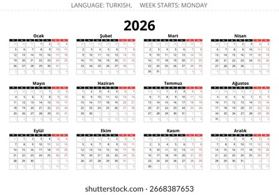 calendário turco de 2026 anos. Ilustração vetorial para a Turquia