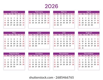 2026 year vector calendar with 12 months in frames (english, week start sunday)