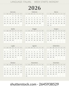 Calendário vetorial de 2026 anos. Idioma italiano. Ilustração para Itália - Calendario