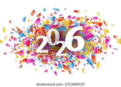 Diseño de Vector del año 2026, número blanco sobre confeti colorido disperso. Cubierta o Anuncio del calendario del año Nuevo 2026.