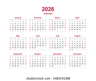 2026 yearly calendar - 12 months yearly vector calendar set in 2026 - calendar template - planner timetable in landscape orientation
