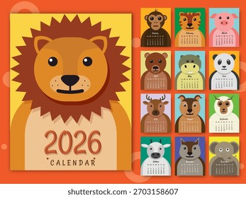 2026 Yearly Calendar Template Set with Cartoon Animal Characters in Colorful Design.