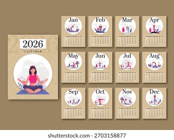 2026 Yearly Calendar Template Set with Cartoon Women in Yoga Asana Pose Illustration on Brown Background.