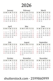 2026 Yearly Calendar Vector Vertical, Sunday Start, Clean Design, Printable Template
