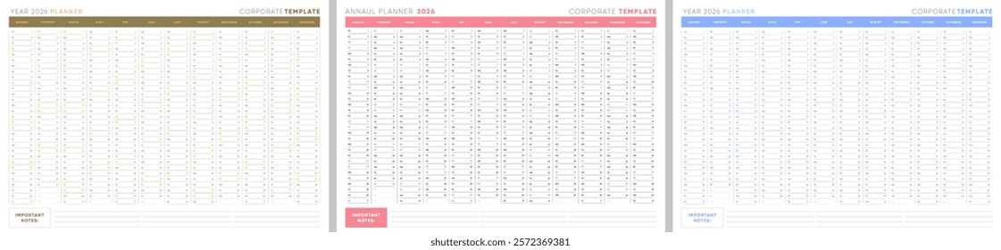 2026 Yearly Corporate Planner Bundle, Horizontal Calendar Templates in Gold, Red, and Blue Themes, Printable and Editable Business Organizers