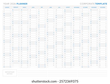 2026 Yearly Corporate Planner, Minimal Horizontal Calendar Template with Notes Section, Editable and Printable for Business and Office Use