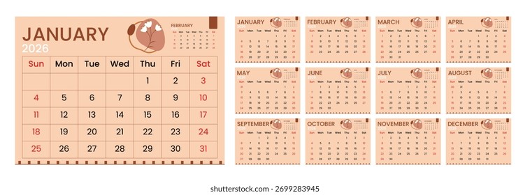 Pacote de calendário de planejador anual 2026 com decoração elegante de plantas e feriados