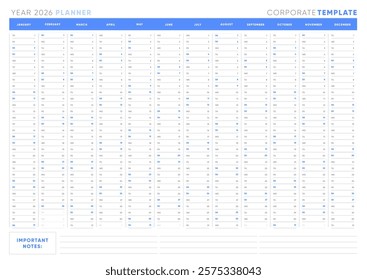 2026 Yearly Planner Template, Clean Horizontal 2026 Calendar Planner with Notes Section. White Blue Colors.