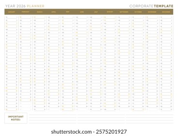 2026 Yearly Planner Template, Elegant Horizontal Design with Notes Section, Corporate and Office Organizer, Printable and Editable Vector