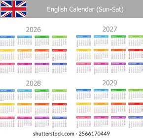 2026-2029 English Type-1 Calendar Sun-Sat on white background