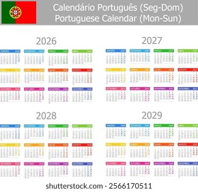 2026-2029 Portuguese Type-1 Calendar Mon-Sun on white background