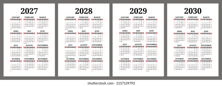 2027, 2028, 2029 and 2030 calendar set. Color vector pocket calender design. Week starts on Sunday. January, February, March, April, May, June, July, August, September, October, November, December