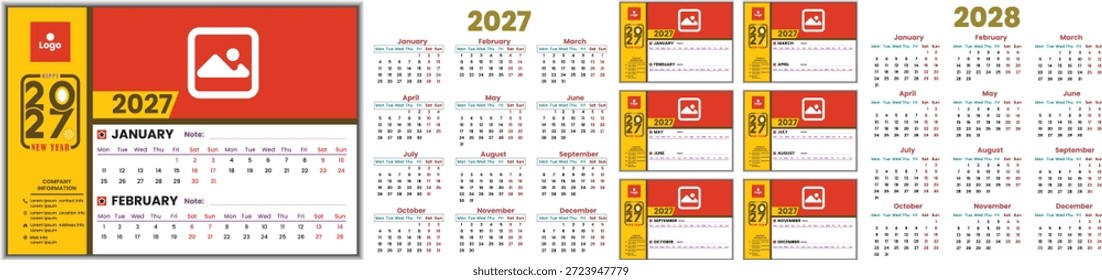 2027 y 2028 Año Vector Inglés Calendario Diseño de Plantilla con fuente editable. Débil A partir de lunes a domingo Diseño de diseño del calendario 2027 y 2028 