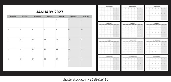 2027 Calendar Printable start from monday 