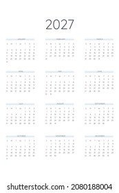 2027 calendar template in classic strict style. Monthly calendar individual schedule minimalism restrained design for business notebook. Week starts on sunday