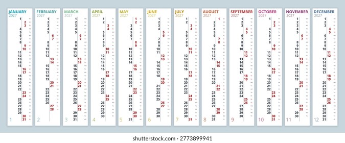 2027 calendar template and compact date rows. Clean annual 2027 planner concept for office organization, schedule overview, and print use. 12 months included