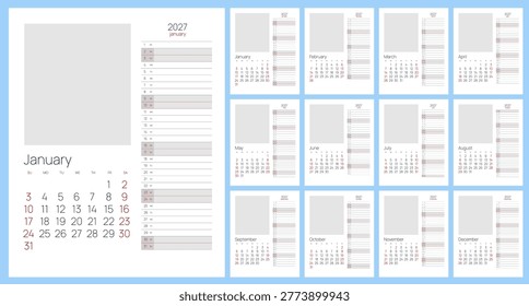 2027 calendar template and compact date rows. Clean annual 2027 planner concept for office organization, schedule overview, and print use. 12 months included