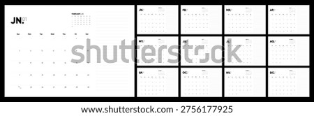 2027 Calendar Template Minimal Black and White Layout, 2027 Calendar with Lined Notes Modern Desk Horizontal Calendar Planner with Monthly Templates.