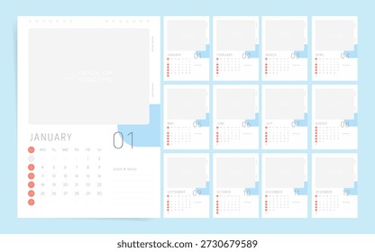 Kalendervorlage 2027 mit Foto- und Notizenraum. Die Woche beginnt am Sonntag. Saubere moderne Wand und Schreibtisch Kalender mit Zielen und Notizen Abschnitt. Englisch vector month planner layout.