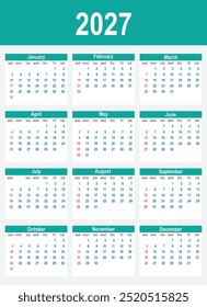 Calendario 2027 Calendario de una página de diseño de Vector