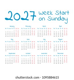 2027 Calendar. Weeks start on sunday