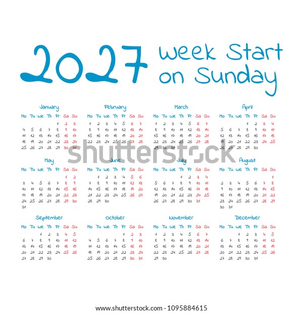 2027 Calendar Weeks Start On Sunday Stock Vector Royalty Free 1095884615