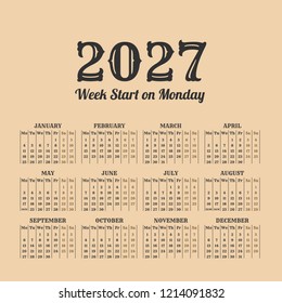 2027 Calendar. Weeks starts on Monday