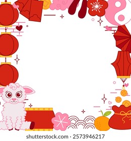 2027 Chinese New Year of the Goats and Sheep. Christmas vector graphic line Frame With Sheep. pink and red color. transparent background