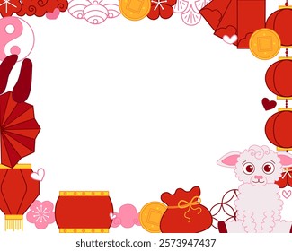 2027 Chinese new year of sheep rectangle template frame design.  CNY related objects around. Vector graphic line illustration
