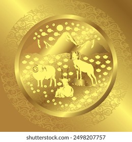 2027 Chinese New Year Zodiac sign, year of the goat, gazelle, sheep, golden circular design patterns, feature ornamental details, gold gradient background, feng shui, San Yang Kai Tai, CNY red pocket