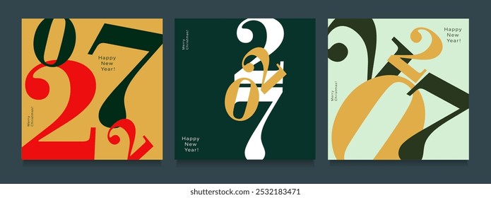 2027 Criatividade Geométrica Celebração de Feliz Ano Novo e Feliz Natal. Tipografia abstrata para publicidade vibrante, delícias da web, faíscas de mídia social, banners, capas, pôsteres.