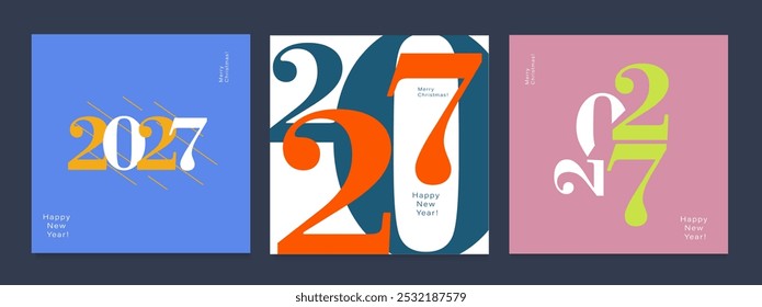 2027 Creativity Geometric Celebration of Happy New Year and Merry Christmas. Abstract Typography for Vibrant Advertising, Web Delights, Social Media Sparks, Banners, Covers, Posters.