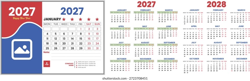 Diseño de Plantilla de calendario de Vector inglés 2027. Calendario 2027 de diseño débil a partir de lunes a domingo.