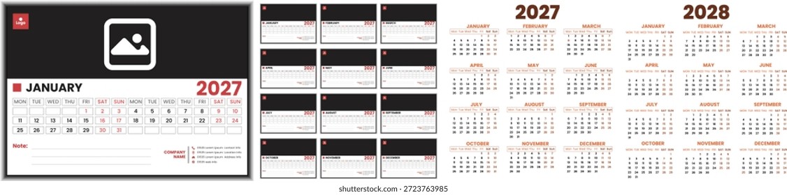 2027 Englisch Vector Calendar Template Design. Schwache ab Montag bis Sonntag Layout Design des Kalenders 2027 