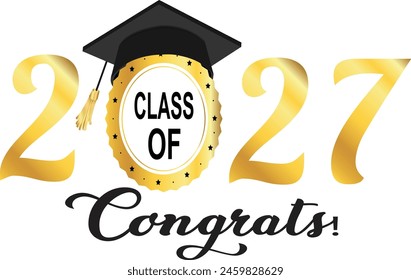 2027 Graduation Greeting Card Vector Design.gold and black colors isolated on white background. 
